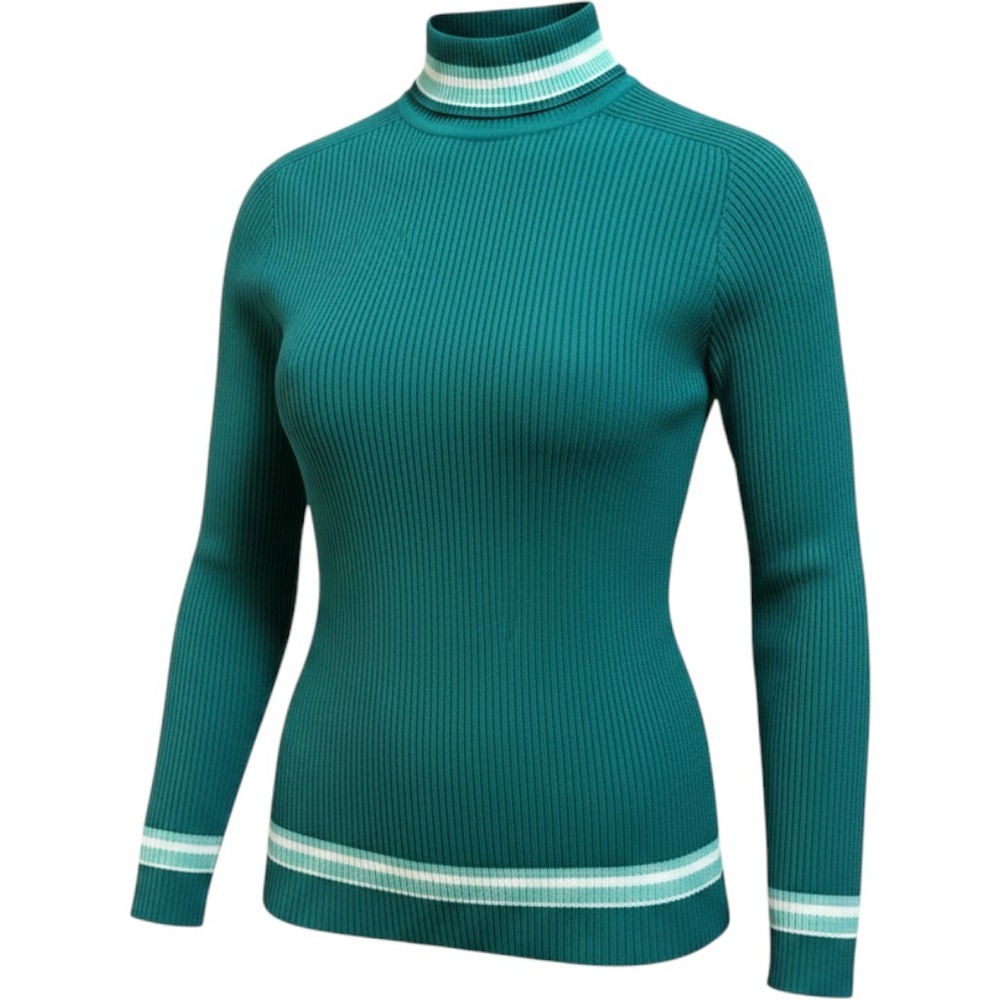 Vintage Style Teal Ribbed Turtleneck Sweater Striped Trim Long Sleeve Knit Top